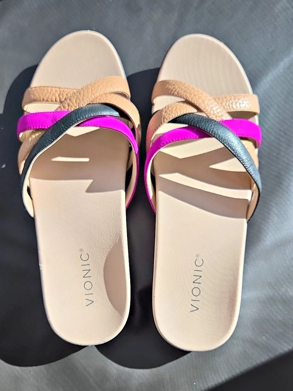 Vionic Dava Leather Strappy Slide Sandals - Pink, Black & Tan Womens Size 9 EUC